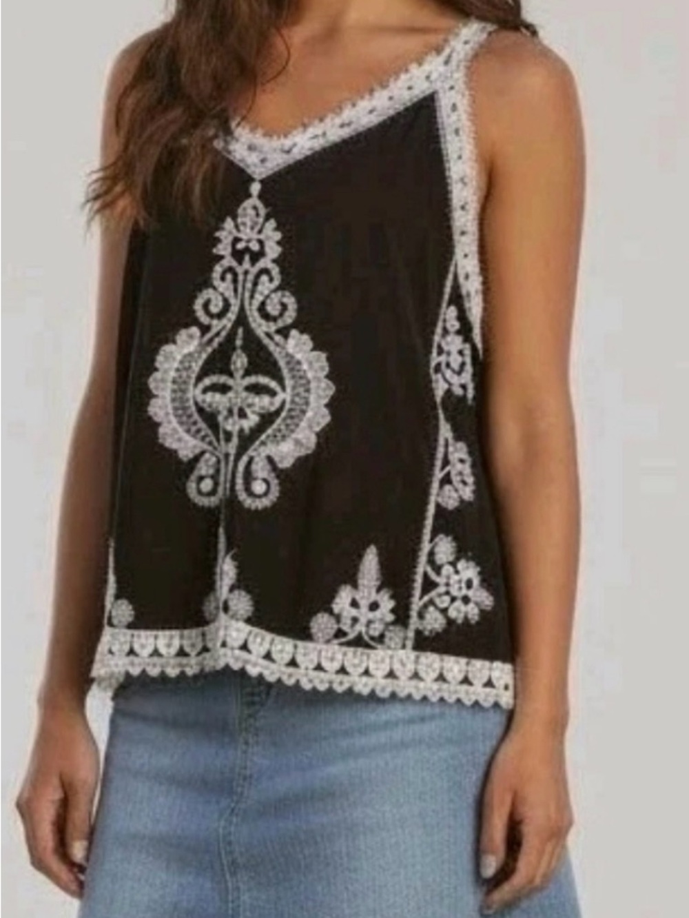 Ultra Pink Black Tank Top with White Lace Embroidery